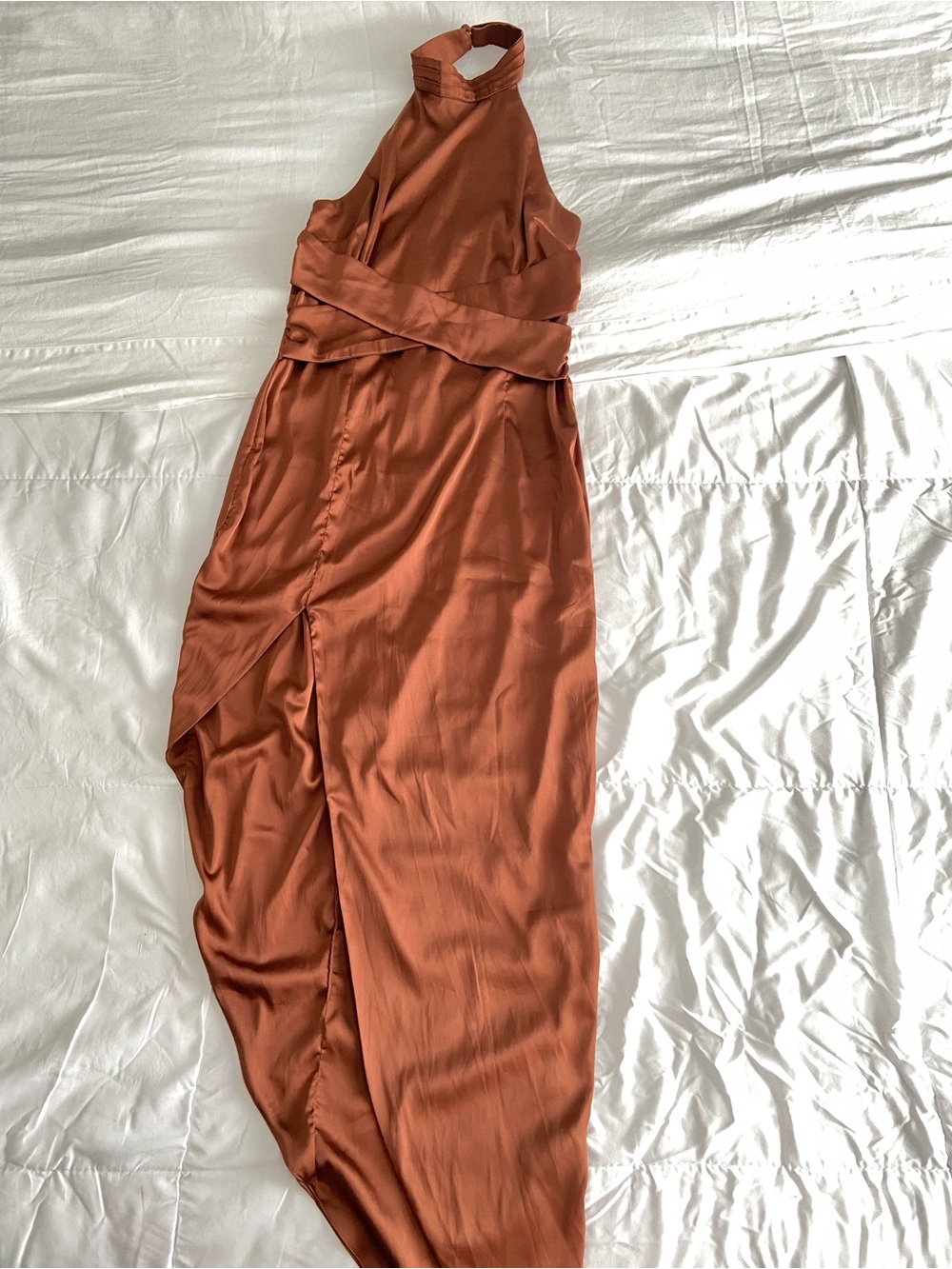 New Fashion Nova Satin Brown High-Neck Maxi Dress with Thigh Slit - Picture 6 of 9